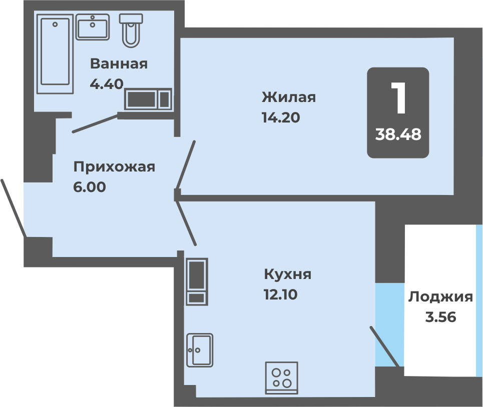1-комнатная, 38.48 м²