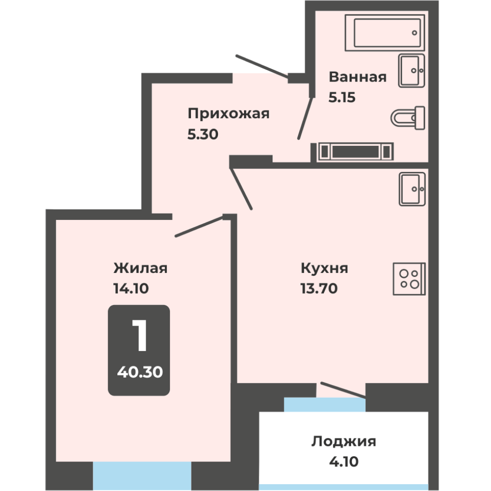 1-комнатная квартира, 40.30 кв. м. (П)