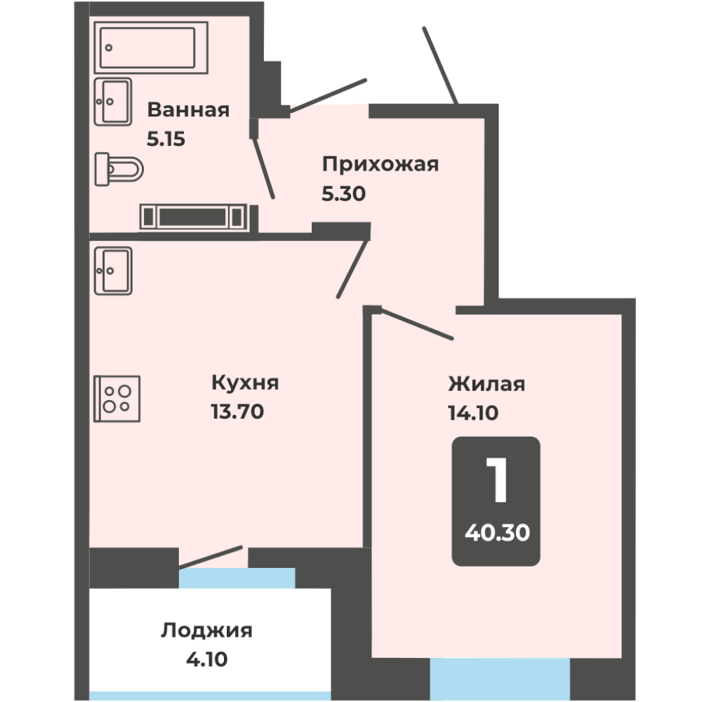 1-комнатная квартира, 40.30 кв. м. (Л)