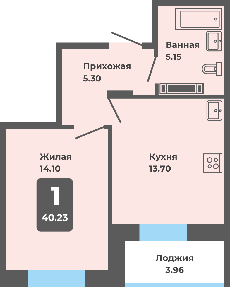 1-комнатная квартира, 40.23 кв. м. (П)