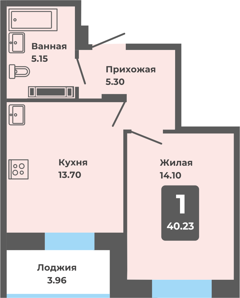 1-комнатная квартира, 40.23 кв. м. (Л)