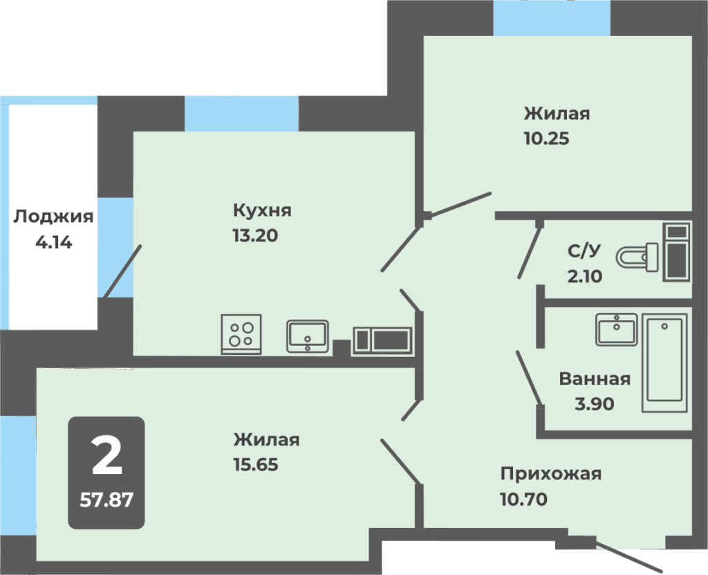 2-комнатная квартира, 57.87 кв. м. (Л)