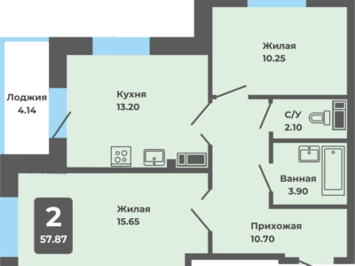 2-комнатная квартира, 57.87 кв. м. (Л)