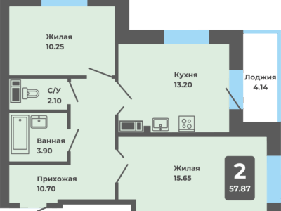 2-комнатная квартира, 57.87 кв. м. (П)