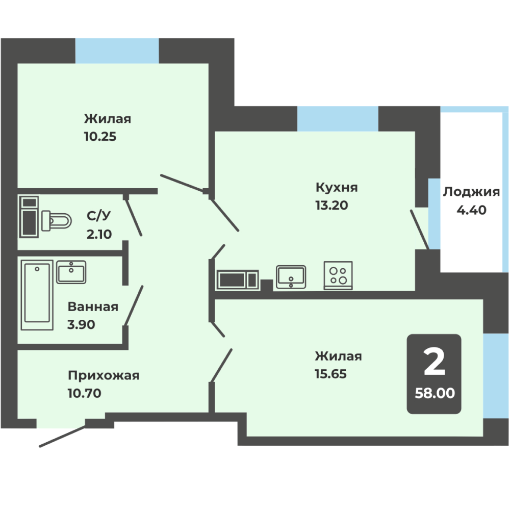 2-комнатная квартира, 58.00 кв. м. (Л)