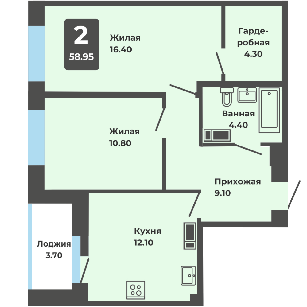 2-комнатная квартира, 58.95 кв. м. (П)