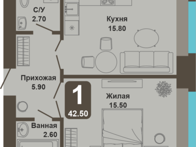 1-комнатная квартира, 42,5 кв.м.