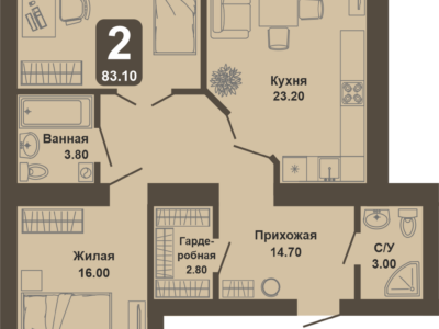 2-комнатная квартира, 83,1 кв.м.