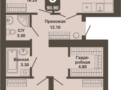 3-комнатная квартира, 90,9 кв.м.