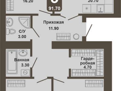 3-комнатная квартира, 91,7 кв.м.