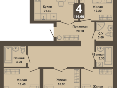 4-комнатная квартира, 116,6 кв.м.