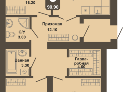 3-комнатная квартира, 90,9 кв.м.