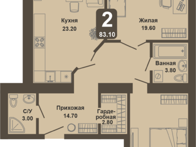 2-комнатная квартира, 83,1 кв.м.