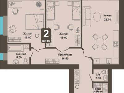 2-комнатная квартира, 89,1 кв.м.