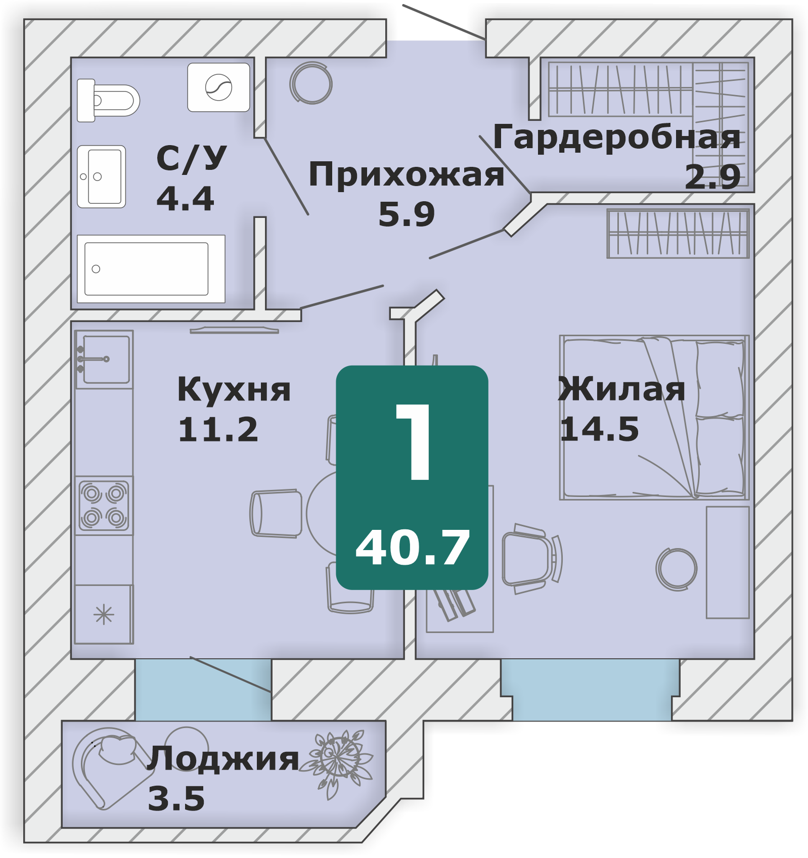 1-комнатная квартира, 40,7 кв.м. (П)