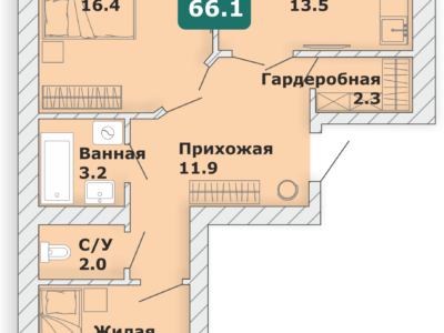 2-комнатная квартира, 66,1 кв.м. (Л)