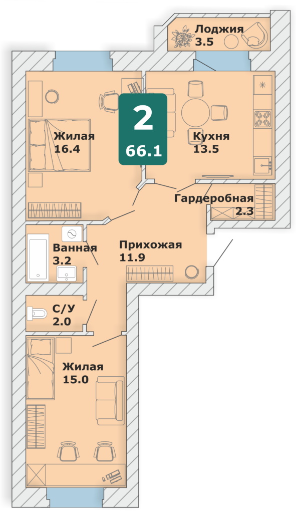 2-комнатная квартира, 66,1 кв.м. (Л)