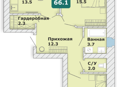 2-комнатная квартира, 66,1 кв.м. (П)