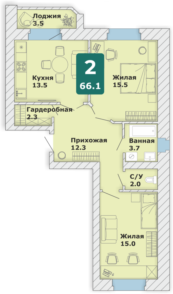2-комнатная квартира, 66,1 кв.м. (П)