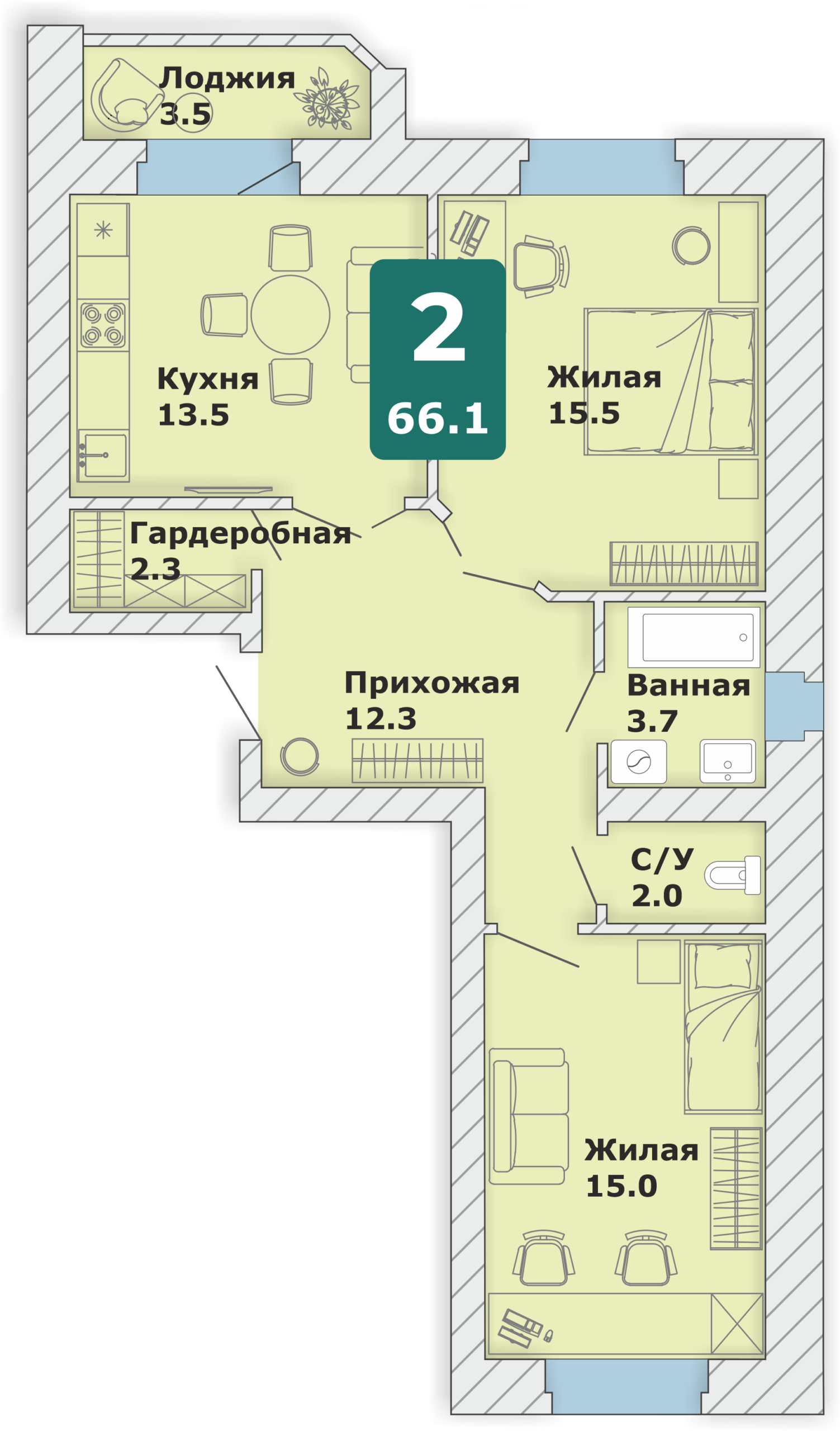 2-комнатная квартира, 66,1 кв.м. (П)