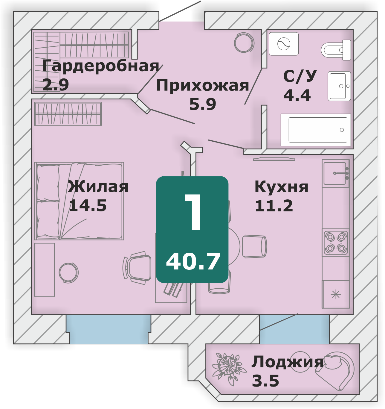 1-комнатная квартира, 40,7 кв.м. (Л)