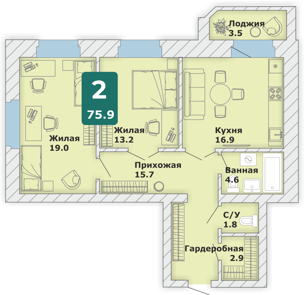 2-комнатная квартира, 75,9 кв.м.
