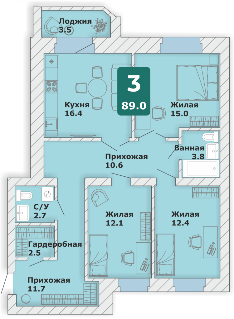 3-комнатная квартира, 89,0 кв.м.