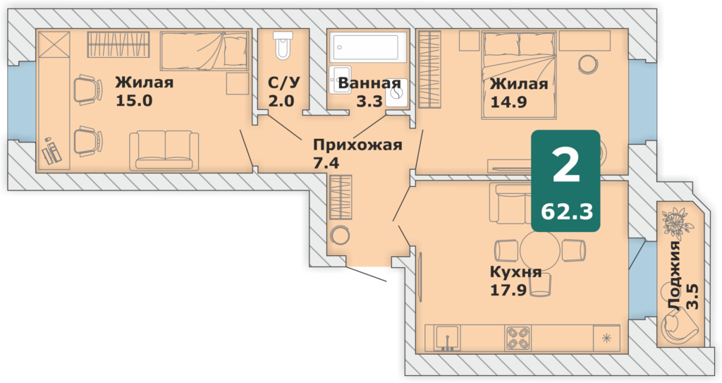 2-комнатная квартира, 62,3 кв.м. (П)