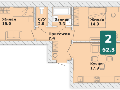 2-комнатная квартира, 62,3 кв.м. (П)