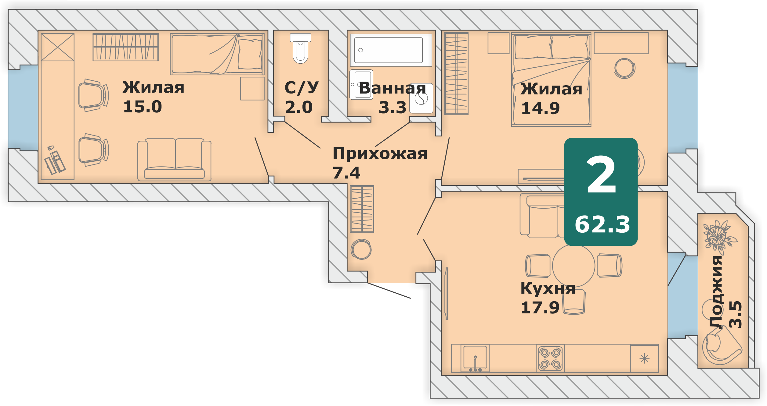 2-комнатная квартира, 62,3 кв.м. (П)