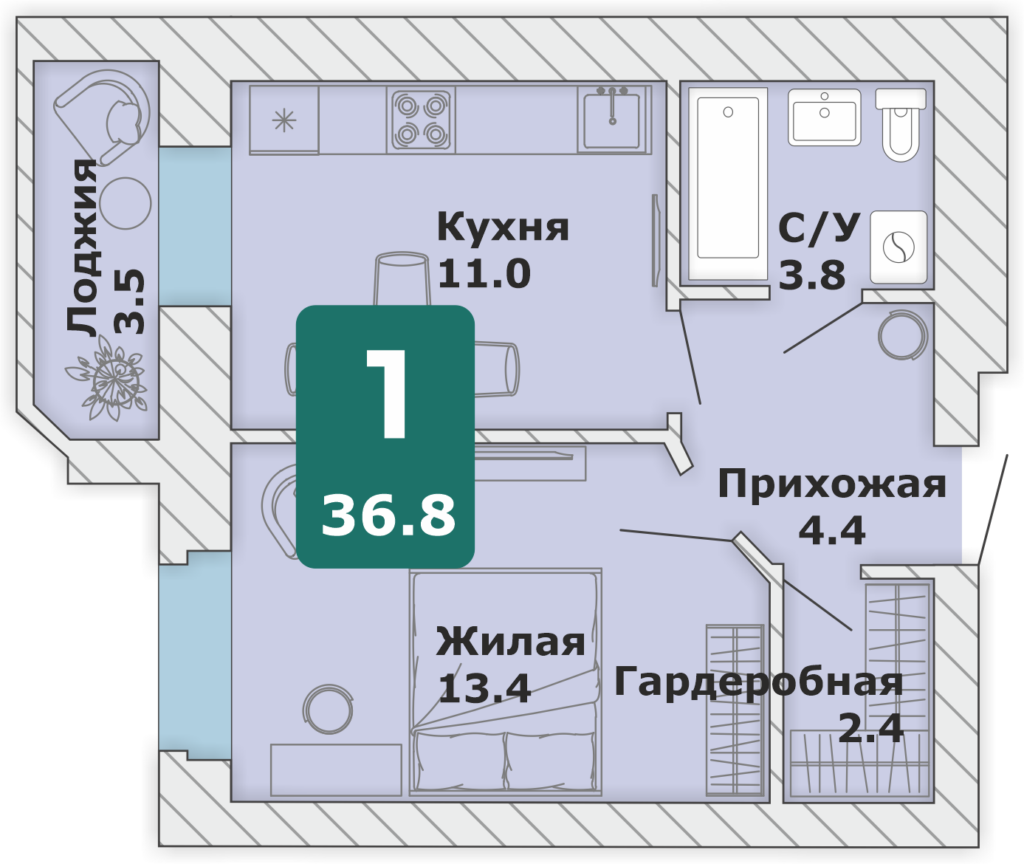 1-комнатная квартира, 36,8 кв.м. (Л)