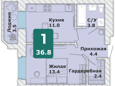 1-комнатная квартира, 36,8 кв.м. (Л)