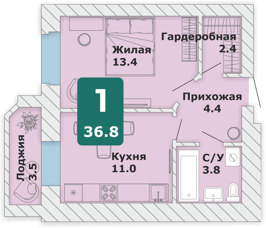 1-комнатная квартира, 36,8 кв.м. (П)