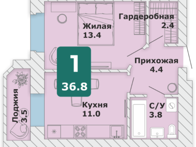 1-комнатная квартира, 36,8 кв.м. (П)