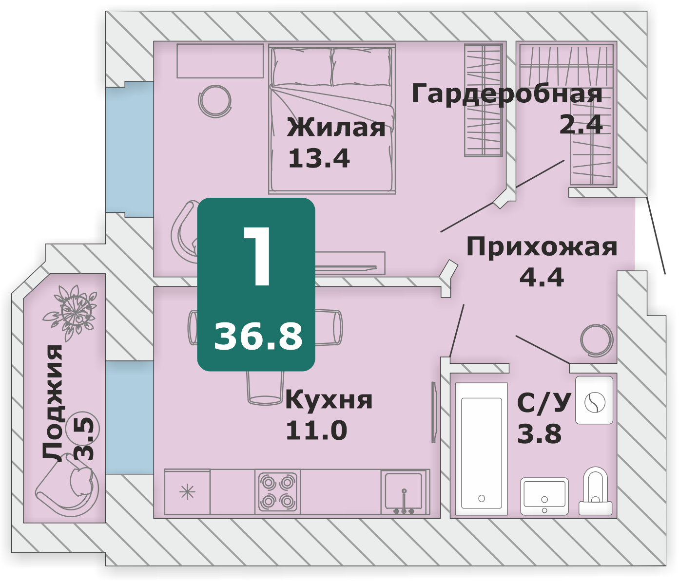 1-комнатная, 36.8 м²
