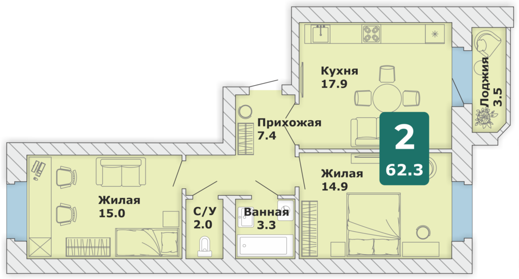 2-комнатная квартира, 62,3 кв.м. (Л)