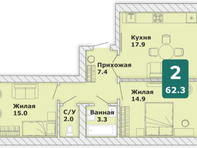 2-комнатная квартира, 62,3 кв.м. (Л)