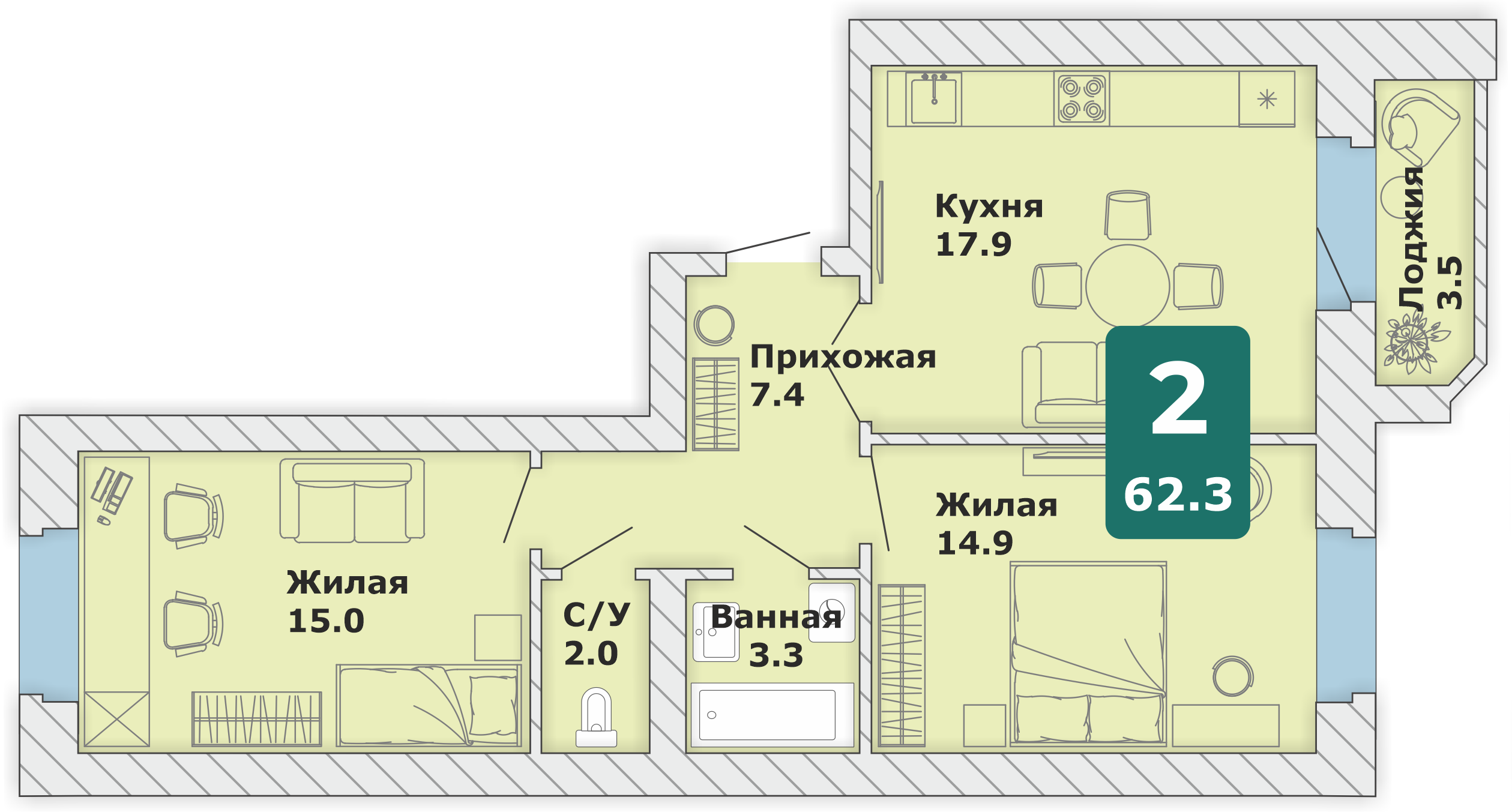 2-комнатная квартира, 62,3 кв.м. (Л)