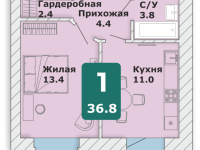 1-комнатная квартира, 36,8 кв.м.