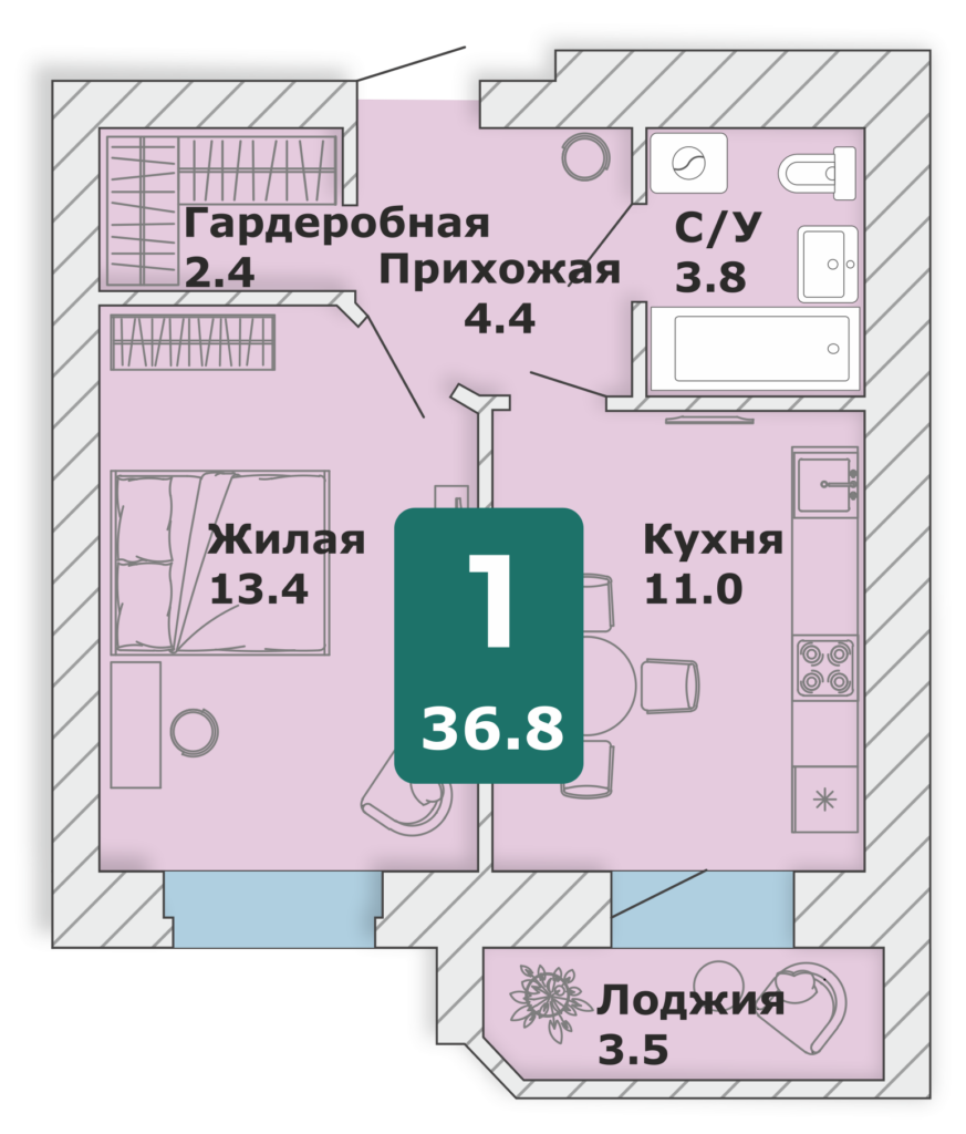 1-комнатная квартира, 36,8 кв.м.