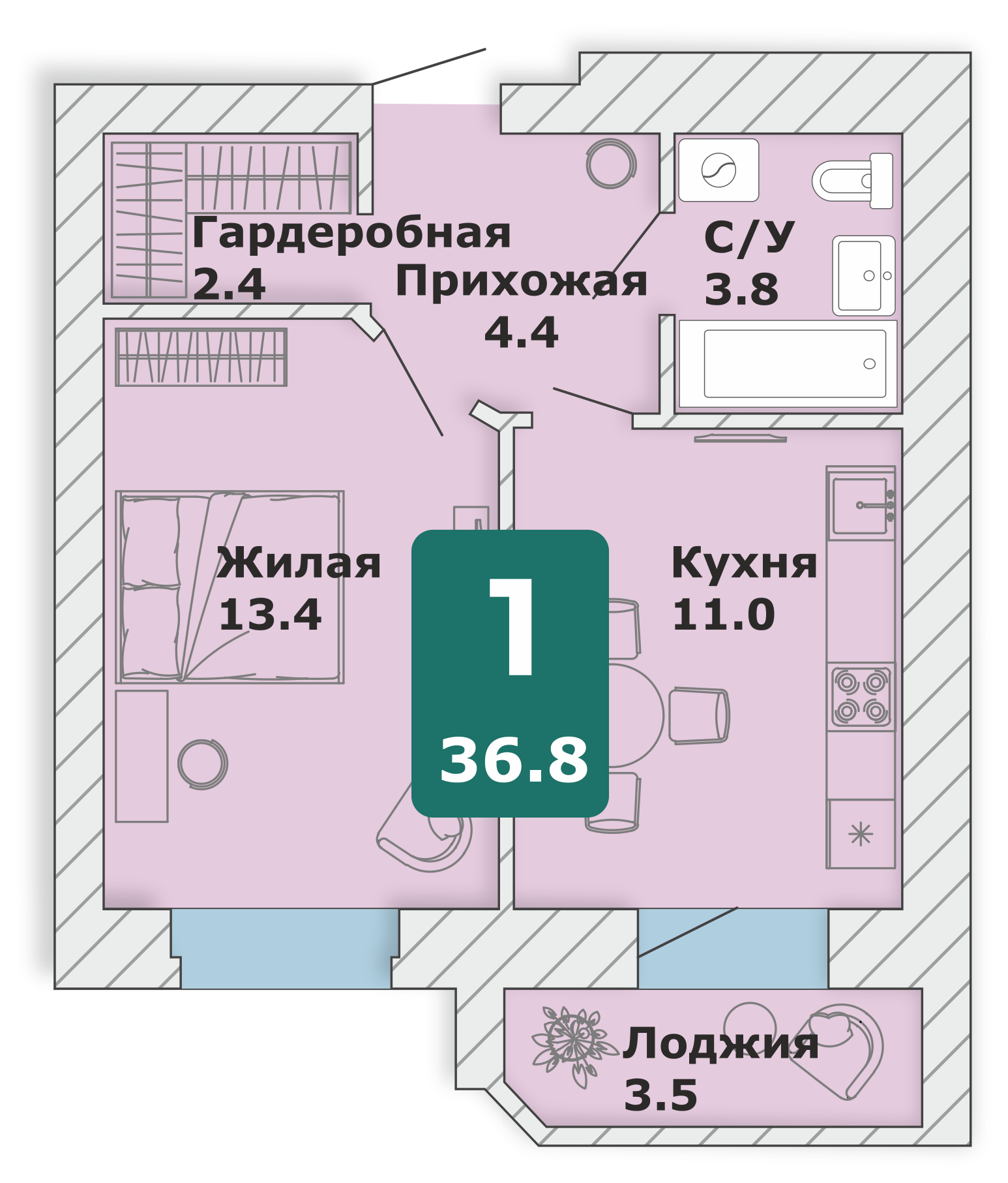 1-комнатная квартира, 36,8 кв.м.