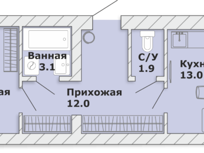 1-комнатная квартира, 47,5 кв.м.