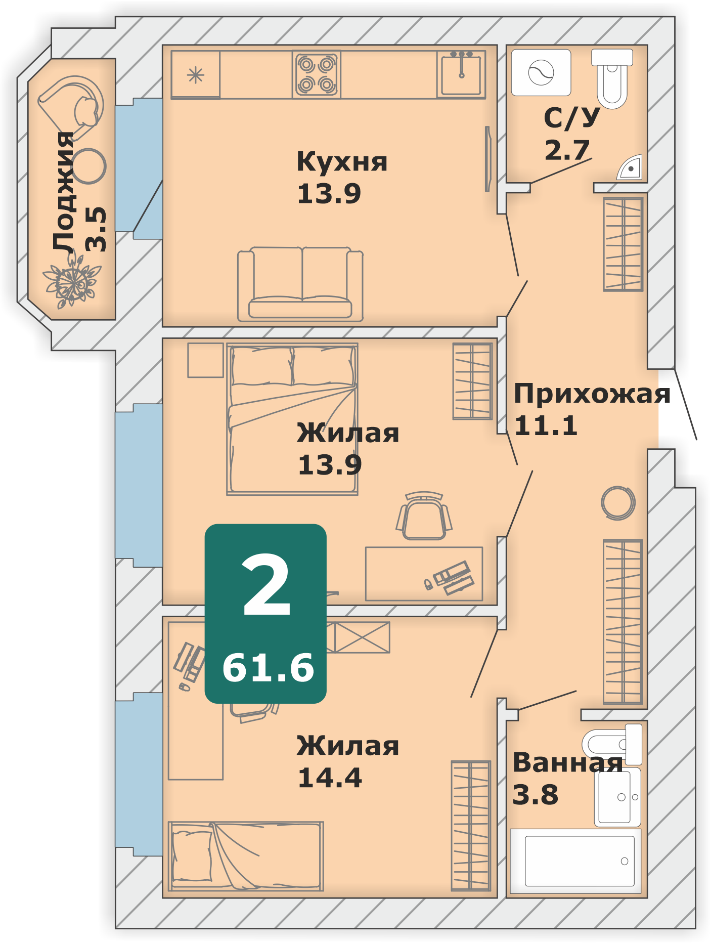 2-комнатная квартира, 61,6 кв.м.