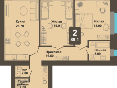 2-комнатная квартира, 89,1 кв.м.
