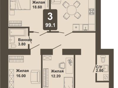 3-комнатная квартира, 99,1 кв.м.