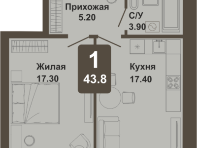 1-комнатная квартира, 43,8 кв.м.