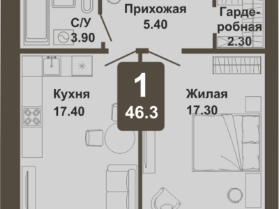 1-комнатная квартира, 46,3 кв.м.