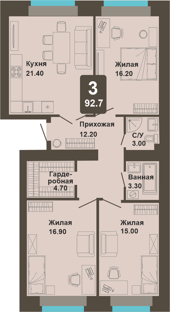 3-комнатная квартира, 92,7 кв.м.