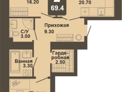 2-комнатная квартира, 69,4 кв.м.