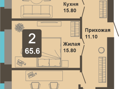 2-комнатная квартира, 65,6 кв.м.